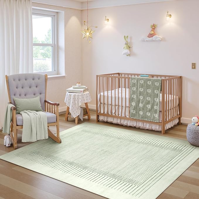 Morebes Sage Green Rug for Living Room, 5x7 Washable Area Rug for Bedroom Non Slip Modern Striped Boy Room Rug, Stain-Resistant Geometric Low Pile Soft Carpet for Nursery Dining Room