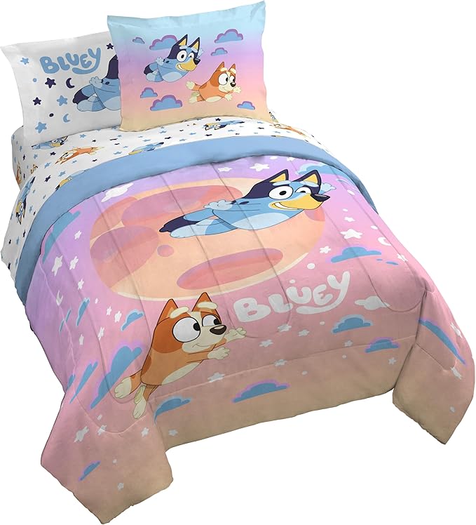 Jay Franco Bluey & Bingo Queen Comforter Set - 7 Piece Bedding Includes Sheet Set & Pillow Covers - Super Clouds & Stars Cozy Bedding