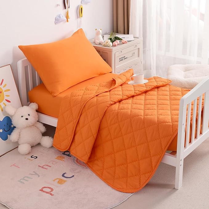 NTBAY Toddler Bedding Set - 4 Piece Soft and Breathable Crib Bedding Set for Boys and Girls, Includes Quilted Comforter, Fitted Sheet, Flat Top Sheet and Envelope Pillowcase, Orange