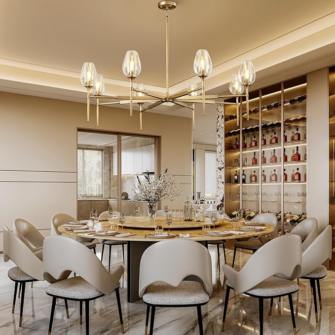 Modern Crystal Chandeliers 8 Lights Brass, 54in Gold Tulip Round K9 Crystal Chandelier,Pendant Ceiling Light for Dining Living Room Bedroom Entryway, E12 Bulbs Included