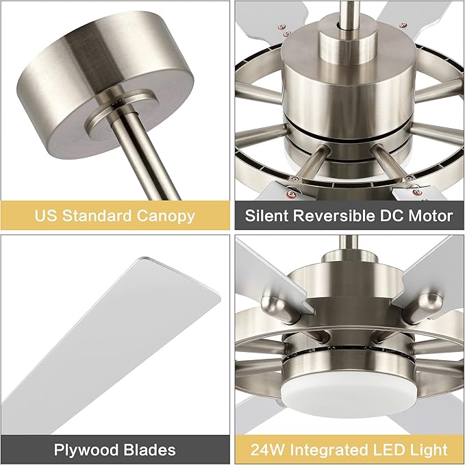 ELEHINSER 80 Inch Ceiling Fan with Lights and 3 Downrods, 8 Plywood Blades, 6-Speed Noiseless Reversible DC Motor, 3CCT, Windmill Ceiling fan for Kitchen Bedroom Living Room, Nickel and Silver