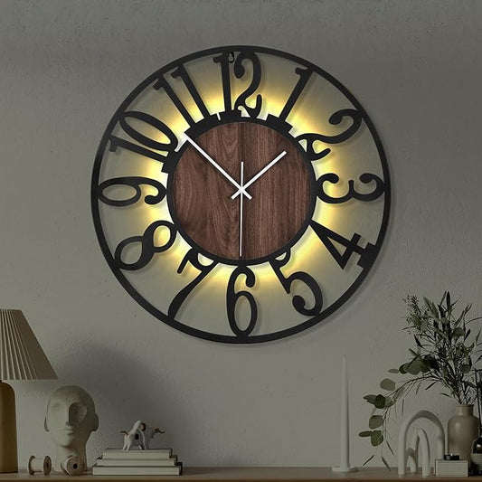 20'' Silent Wall Clock with Night Light, Glow in The Dark Decorative Wall Clock Battery Operated, Rustic Modern Metal & Wood Clocks for Bedroom Living Room Decor, Arabic Numerals