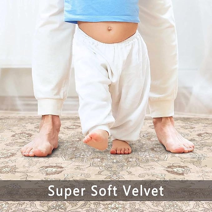 vivorug 4x6 Rug, Small Neutral Area Rug for Living Room, Bedroom, Kitchen, Machine Washable Non-Slip Throw Rug, Vintage Floral Carpet for Entryway Nursery Coffee Table - Durable (Beige)