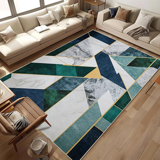 Green Neutral Geometric Area Rug Washable 4x6 Rugs for Living Room Bedroom Modern Geometry Soft Non Slip Floor Large Carpet for Entryway Bathroom Office