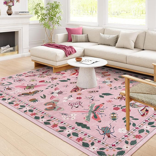 Lahome Insect Washable Rugs 8x10, Soft 8x10 Rugs for Living Room Dining Room Ultra-Thin, Non-Slip Bedroom Rug Large Carpet Non-Shedding Accent Rug for Girls Classroom Nursery(8x10ft,Pink)
