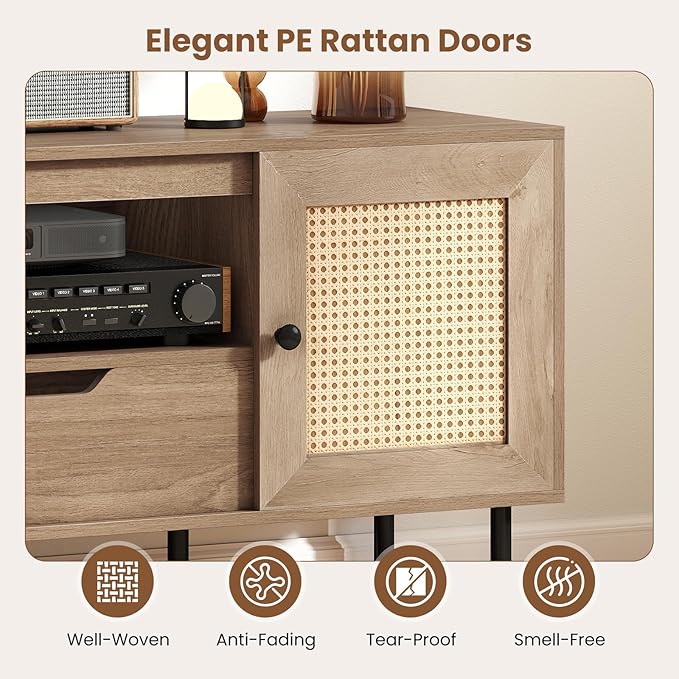Giantex Boho TV Stand for 50-60 Inch TV, Wood Entertainment Center with Storage Cabinets, Drawer & PE Rattan Doors, Media Console Table for Living Room, Bedroom, Natural
