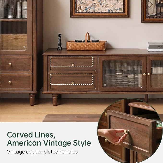 YESWOOD 78.74" L Solid Walnut Wood TV Stand & Side Cabinet, Mid Century Modern Media Console Entertainment Center Table with Storage, Living Room Cabinet with Glass Door & Adjustable Shelf & Drawers