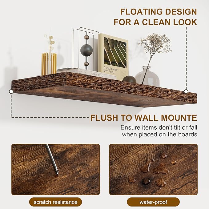 40 Inch Floating Shelves Set of 2, 8 Inch Deep Wall Shelf, Rustic Wood Storage Shelves for Bedroom, Kitchen, Bathroom, Wall-Mounted Shelf with Invisible Brackets for Books|Storage, Rustic Brown