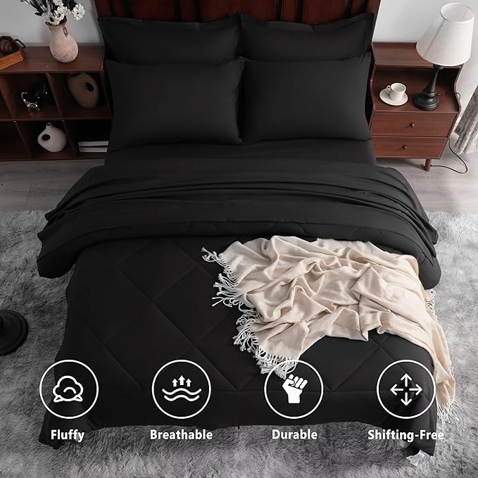 NTBAY Queen Comforter Set with Sheets, 7 Pieces Soft and Breathable Queen Bedding Set, Bed in a Bag, Down Alternative Comforter Set Solid Color All Season, Queen Bedding Set, Black