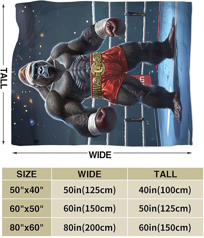 Gorilla Boxing Throw Blanket, 60"x50", Black, Microfiber, Heavyweight, Water Resistant, Perfect for Couch, Bed, Camping, Reading, Napping
