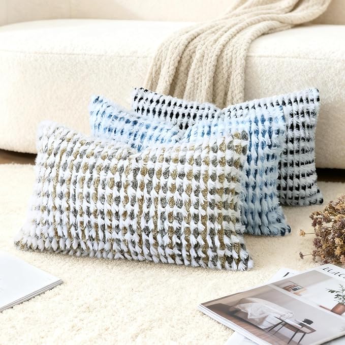 Boho Chenille Tufted Pillow Cover 12x20 Inch Set of 1, Farmhouse Striped Decorative Pillow Covers Accent Fluffy Neutral Lumbar Pillowcases for Couch Sofa Bedroom Living Room, Brown Gray