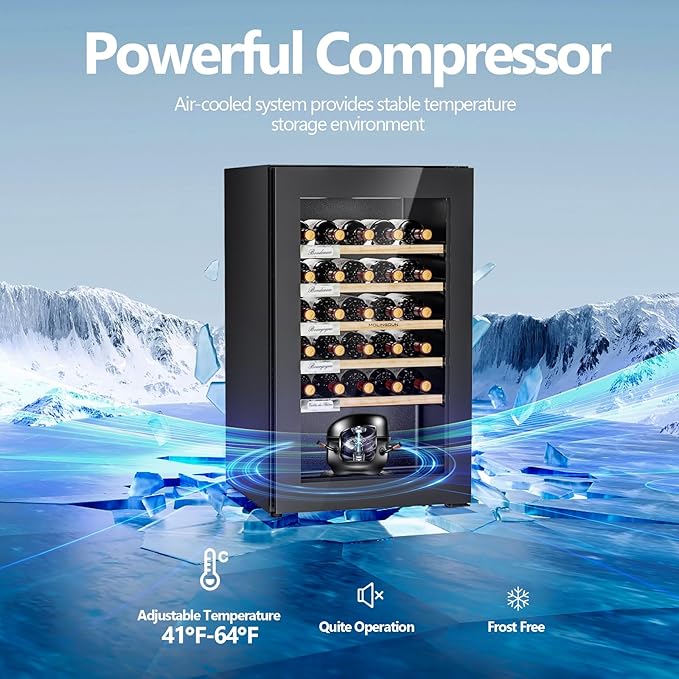 Wine Fridge, 33 Bottles Freestanding Wine Cooler, Intelligent Compressor, Frost Free, Glass Door, 41-64℉ Adjustable Digital Temperature Control, for Red, White, Champagne or Sparkling Wine