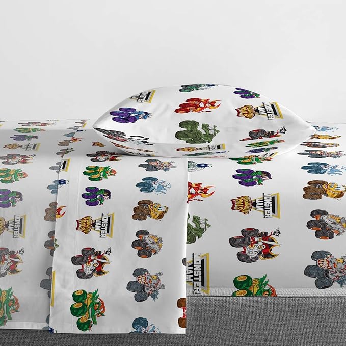 Jay Franco Monster Jam Truckin' Pals 4 Piece Toddler Bed Set - Includes Comforter & Sheet Set - Bedding Features Grave Digger & Megalodon - Super Soft Fade Resistant Microfiber