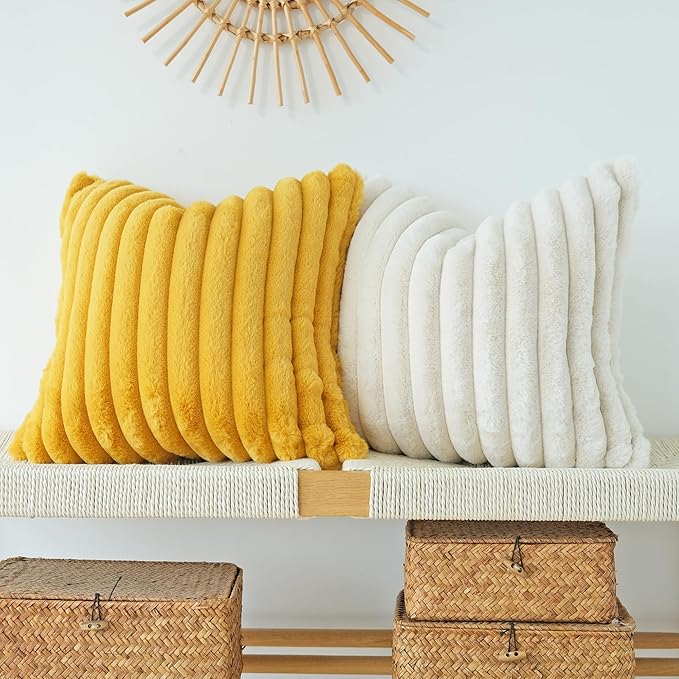 JOJUSIS Pack of 2 Faux Fur Plush Decorative Throw Pillow Covers Couch Cushion Case Soft Pillowcases (Mustard Yellow, 20 x 20-Inch)