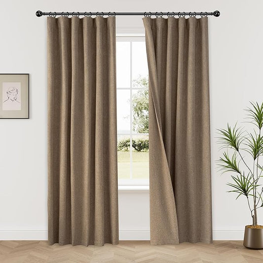 100% Blackout Brown Linen Curtains 90 Inches Long for Bedroom, Hook Belt Back Tab Farmhouse Tan Curtains Light Blocking Noise Reducing for Living Room Office, Rustic Privacy Draperies(52x90, 2 PCs）