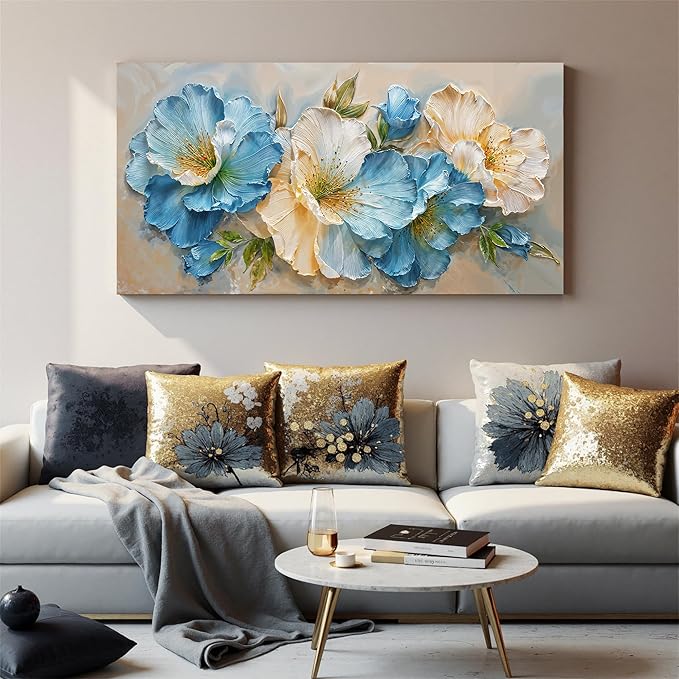 Canvas Wall Art Decor White Blue Flower Wall Art Decor For Living Room Green Botanical Wall Decor Art Paintings Prints Modern Aesthetics Wall Art For Home Bedroom Office Room Wall Decor 20×40 Inch