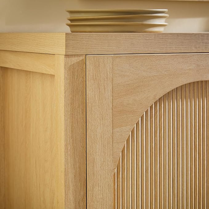 Walker Edison Sasha 4-Door Reeded Sideboard Buffet with Cord Management, 70 Inch, Coastal Oak