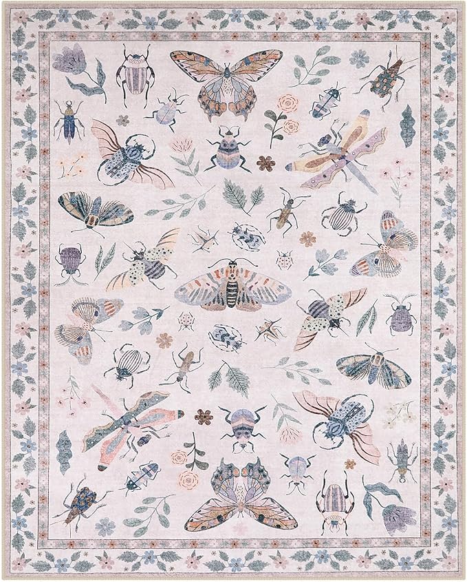 Lahome Insect Print Washable Rugs 8x10, Soft 8x10 Rugs for Living Room Dining Room Ultra-Thin, Non-Slip Modern Bedroom Rug Large Carpet Non-Shedding Accent Rug for Office Classroom(8x10ft,Pink)