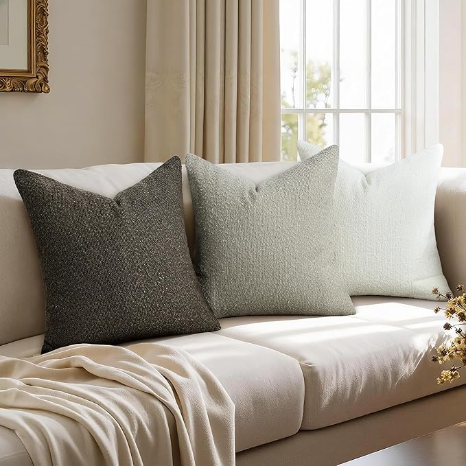 Textured Boucle Pillow Covers 18x18 Inch Set of 2, Striped Solid Pillowcases Cozy Soft Modern Accent Boho Square Decorative Throw Pillows for Couch Sofa Bed Living Room Home Decor, Beige