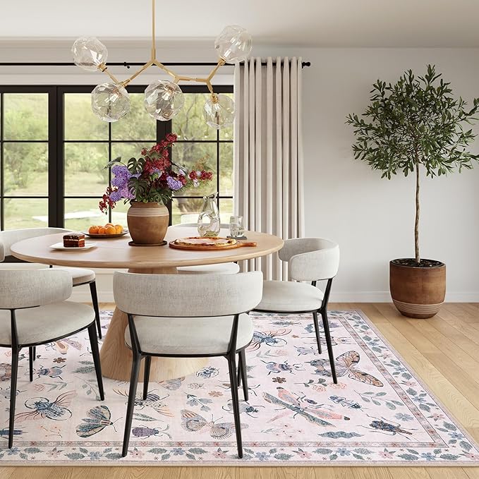 Lahome Insect Print Washable Rugs 8x10, Soft 8x10 Rugs for Living Room Dining Room Ultra-Thin, Non-Slip Modern Bedroom Rug Large Carpet Non-Shedding Accent Rug for Office Classroom(8x10ft,Pink)