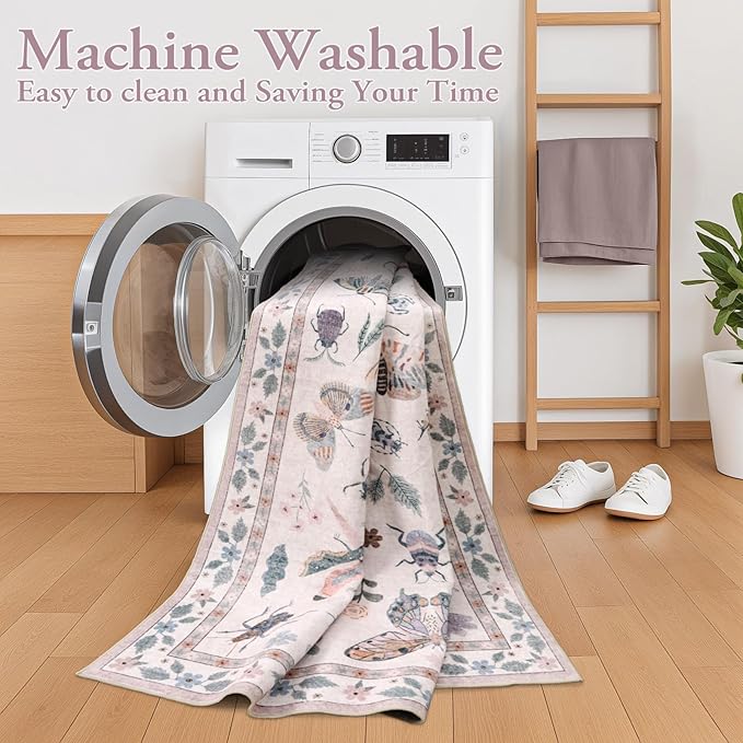 Lahome Insect Washable Small Area Rug, 3x5 Area Rugs for Bedroom Living Room, Non-Slip Soft Accent Throw Carpet for Kitchen Office Entryway Bathroom Office, Pink