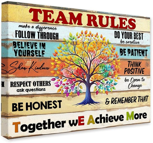 Gwisml Team Rules Wall Art,Inspirational Colorful Tree Sign Canvas Frame Paintings For Office Home Workplace Wall Art Decor