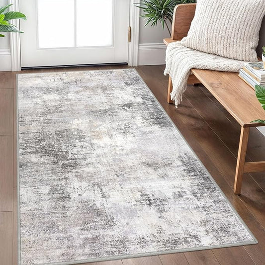 IOHOUZE Abstract Area Rug 3x5 Ft Washable Rugs for Entryway Indoor, Non Slip Kitchen Rug Printed Faux Wool Throw Rugs, Indoor Door Mat for Door Entrance Foyer Living Room, Grey Beige