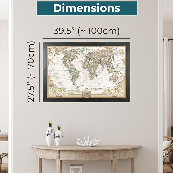 Push Pin Travel Maps Customizable Wall Art - Executive World - Rustic Black - Personalized Framed Pin Map, Includes 150 Pins - Handcrafted in USA - 27.5" x 39.5"