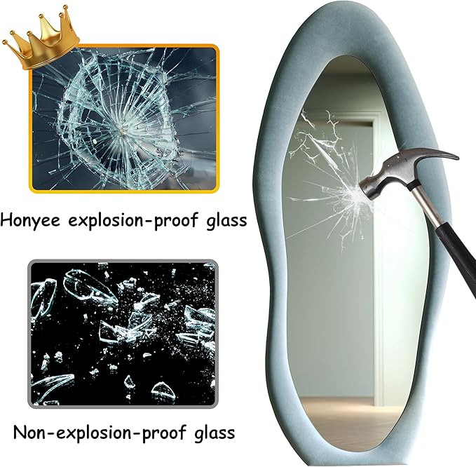 Honyee Full Length Mirror, 63" x 24" Wall Mirror, Flannel Wrapped Wooden Frame Full Body Mirror, Irregular Wavy Mirror Hanging or Leaning Against Wall for Cloakroom/Bedroom/Living Room, Blue