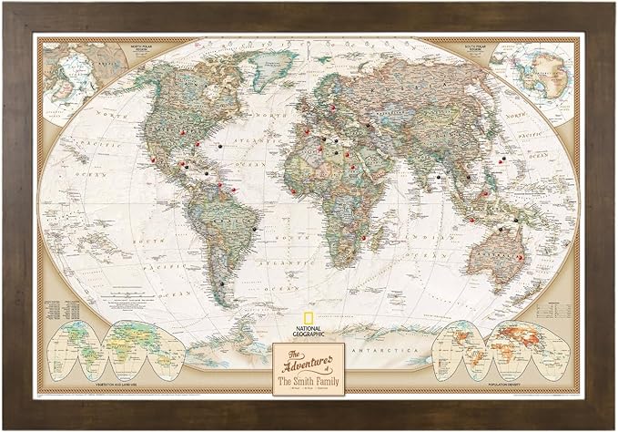 Canvas Executive World Map Pin Board – Framed Travel Map with Pins for Wall – Personalized Push Pin World Map for Tracking Journeys – 27.5" x 39.5" Rustic Brown Frame