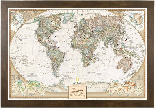 Canvas Executive World Map Pin Board – Framed Travel Map with Pins for Wall – Personalized Push Pin World Map for Tracking Journeys – 27.5" x 39.5" Rustic Brown Frame