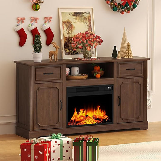 ARTPOWER Fireplace TV Stand for TV up to 65'', Consoles Cabinet with Adjustable Shelves, Modern Entertainment Center with Storage for Living Room, Walnut