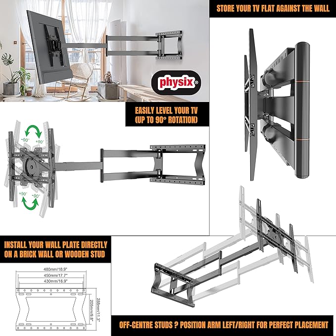 Physix 2120 Long arm TV Wall Mount for 32-75 inch Screens | Extra Long Extension up to 47 inch | Heavy-Duty TV Mount Holds up to 77 lbs | Full-Motion, swivels up to 180° | Max. VESA 400x400