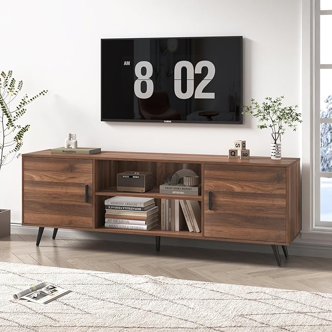 AUXSOUL 70 Inch Mid Century Modern TV Stand for 75 Inch TV, Wood TV Stand with Storage, Entertainment Center for Living Room Bedroom, TV Media Console, Walnut