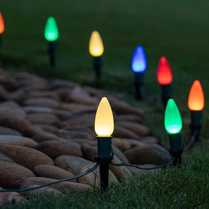 Wintergreen Lighting 50’ OptiCore LED Multicolor Smooth/Opaque Christmas Pathway Lights, C9 Outdoor Driveway Lights, 4.5” Stakes, Green Wire Plug String Lights