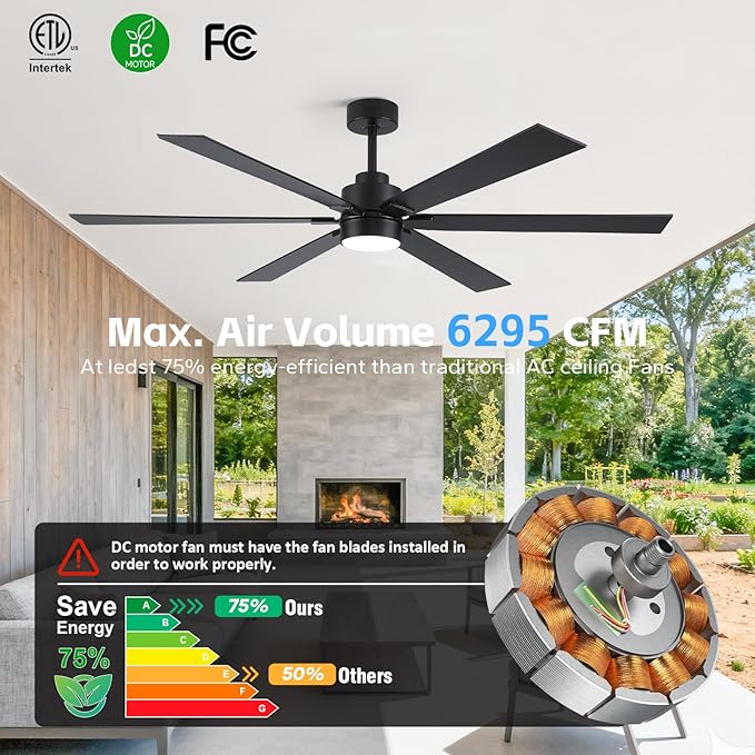 66" Outdoor Ceiling Fan with Light Remote, Wifi Smart Ceiling Fan with Light Alexa, Noiseless Reversible DC Motor, High CFM Damp Rated Ceiling Fans for Patios Porch Living Room Garage, Modern Black