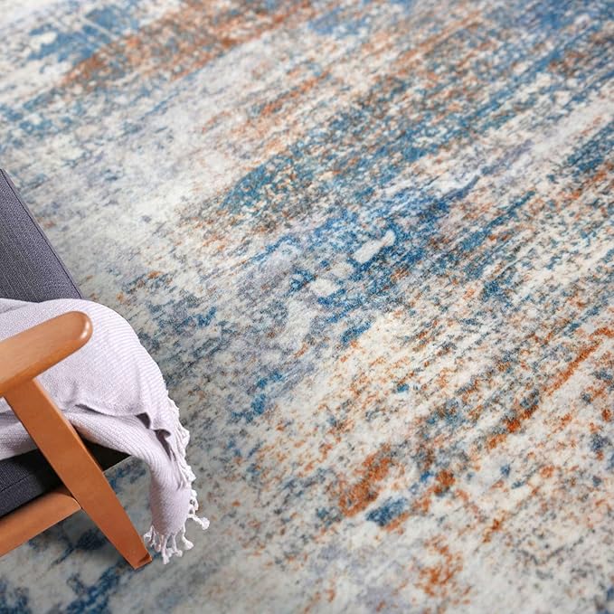 IOHOUZE Abstract Area Rugs 5x7 Ft Washable Rugs for Living Room, Non Slip Dining Room Rug, Printed Faux Wool Rugs for Bedroom, Floor Carpet for Office Nursery Playroom, Blue Rust