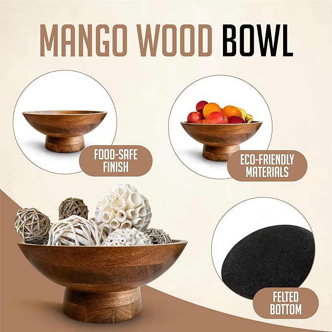Brown Pedestal Bowl - 12 Inch, Wide Brown Footed bowl as Fruit, Key, Decorative, Candy Holder or Centerpiece, Wooden Bowl Decorative for Kitchen, Dining Table & Modern Home Accessories