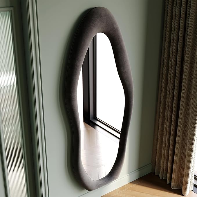 Honyee Full Length Mirror, 63" x 24" Wall Mirror, Flannel Wrapped Wooden Frame Full Body Mirror, Irregular Wavy Mirror Hanging or Leaning Against Wall for Cloakroom/Bedroom/Living Room, Grey