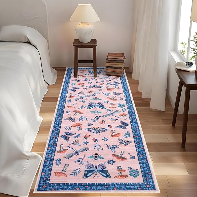 Mushroom Insect 2x6 Runner Rug for Hallway Washable Kitchen Rugs Non Slip with Rubber Back Blue Pink Low-Pile Stain Resistant Indoor Carpet for Entryway Bathroom Laundry Dorm