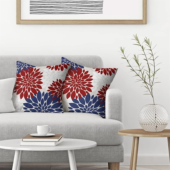 4th of July Pillow Covers 22x22 Inch Set of 2 Patriotic Themed Navy Blue Red White Dahlia Floral Decor Throw Pillows Modern Geometry Flower Outdoor Decorative Cushion Cases for Sofa Couch Bed