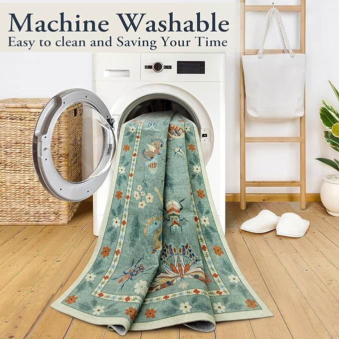 Lahome Insect Hallway Runner Rug, 2'5''x8' Ultra-Thin Washable Runners for Hallways Kitchen, Soft Laundry Room Rug Non-Slip Long Carpet for Entryway Bedroom Bathroom, Green