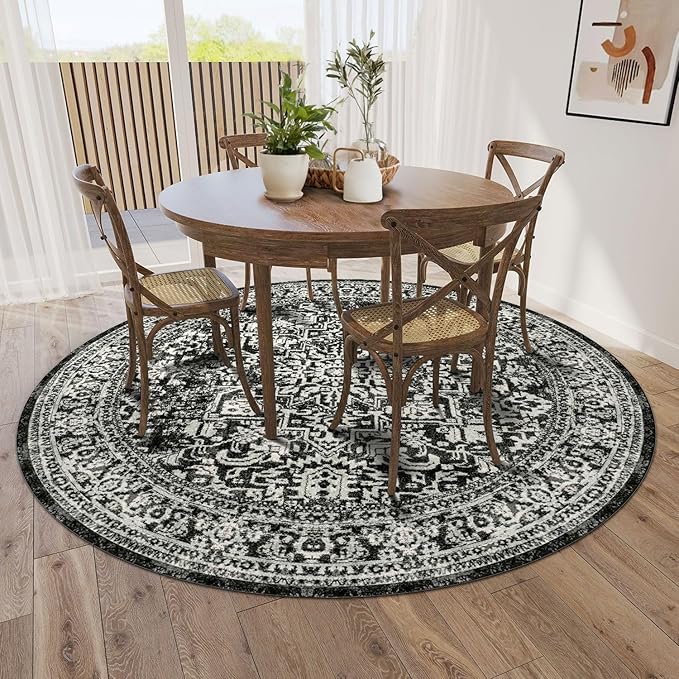 vivorug Round Rug 5ft Vintage-Inspired Round Area Rug Non-Slip Indoor Carpet for Living Room Bedroom Entryway, Stain Resistant Home Decor Circle Rug, Black and White