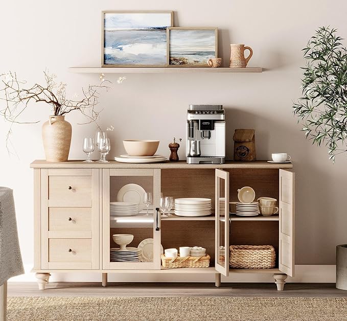 WAMPAT Glass Door Farmhouse TV Stand for TVs Up to 75 inch, Wood Universal TV Console Table with 4 Storage Cabinets, Entertainment Center for 32-75 inch TV Console Cabinet, 58'',Beige