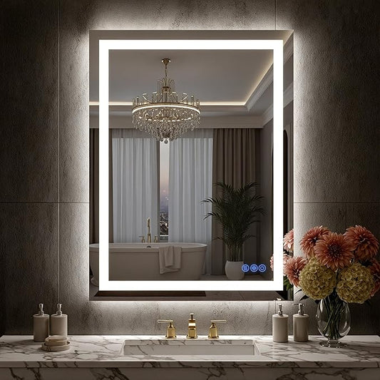 LED Bathroom Mirror 30"x36", Wall-Mounted Vanity Mirrors Front & Backlit Separate Light Control Stepless Dimmable Anti-Fog Memory 3 Color Temperatures Shatter-Proof Tempered Glass