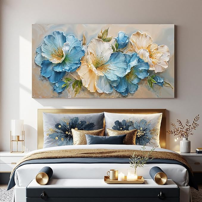 Canvas Wall Art Decor large White Blue Flower Art pictures for living room wall Green Botanical Wall Art Decor Paintings Prints Modern Aesthetics Wall Art For Bedroom Office Room Wall Decor 24×48Inch