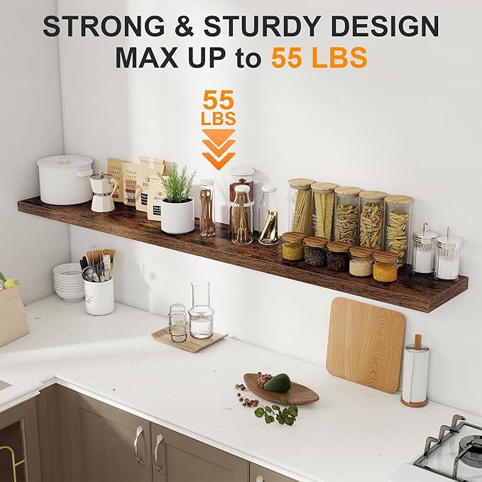 72 Inch Floating Shelves 2 Pack, 8 Inch Deep Floating Shelf Wall Mounted, Large Shelves with Invisible Bracket for Books, Rustic Wood Wall Shelf for Bedroom, Kitchen, Living Room, Rustic Brown