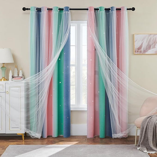 XiDi Grey Curtains for Kids Room, Nursery Blackout Curtain, Girls Room Decor Pink & Green Curtains, 84x34 in, 1 Panel