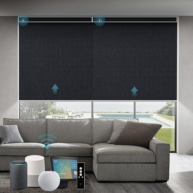 SmartWings Motorized Blackout Roller Blinds Work with Matter Homekit Z-Wave Thread Alexa Google, Smart Window Shades for Bedroom, Cordless Remote Control Customized 16"-110" W, Eclipse Onyx Black
