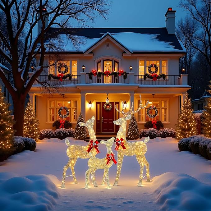 YULETIME 3-Piece Pre-lit 2.5D Christmas Reindeer Family, Lighted Glitter Deer Holiday Decoration With Warm White LED Lights